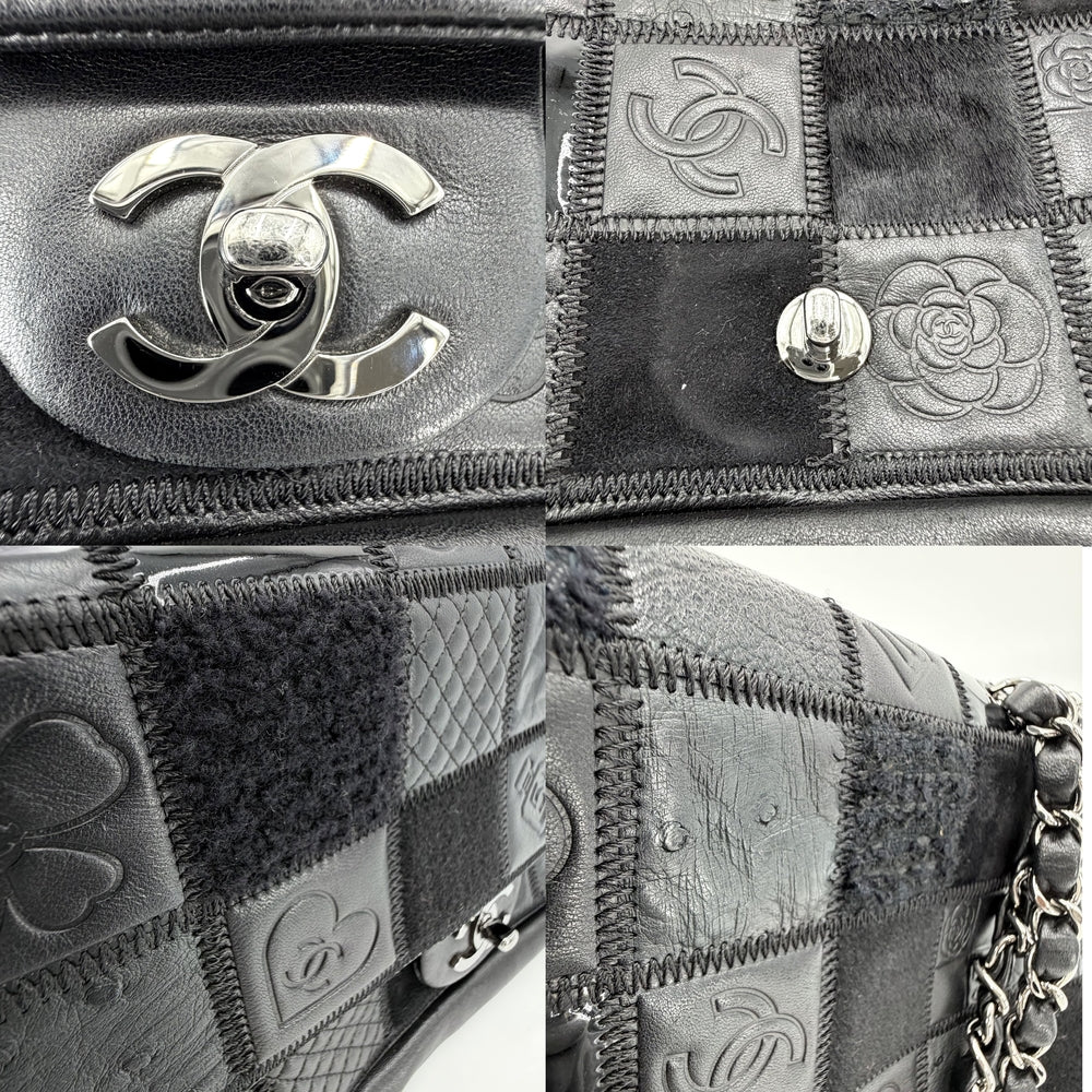 CHANEL シャネル ショルダーバッグ パッチワーク ココマーク チェーンショルダー ダブルチェーン レザー スウェード ブラック 黒 シルバー金具 レディース【中古品】