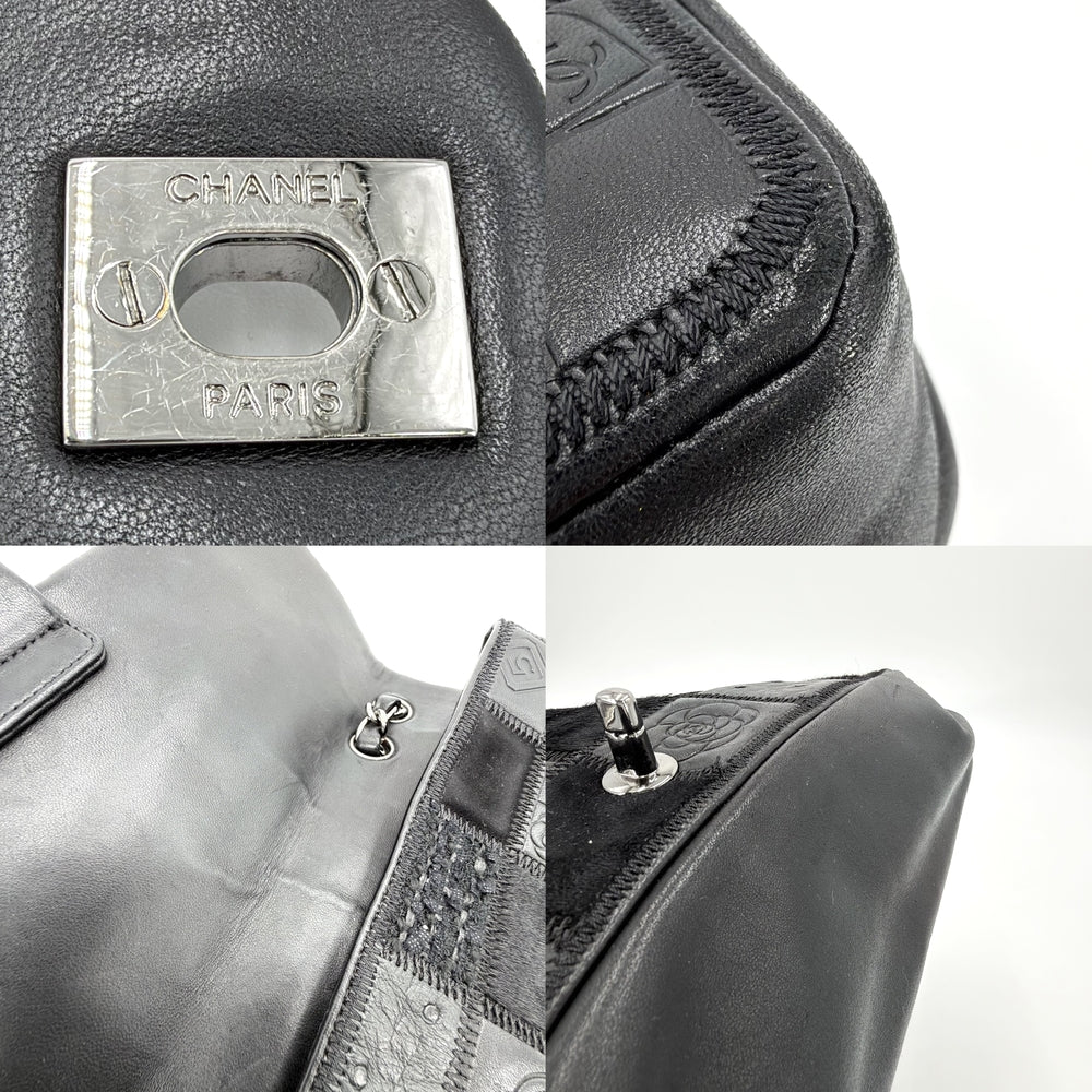 CHANEL シャネル ショルダーバッグ パッチワーク ココマーク チェーンショルダー ダブルチェーン レザー スウェード ブラック 黒 シルバー金具 レディース【中古品】