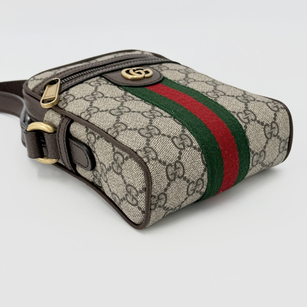 GUCCI グッチ ショルダーバッグ オフィディア ウェブストライプ ミニ メッセンジャーバッグ 小さめ 598127 GGスプリームキャンバス レザー ベージュ ブラウン 茶 アンティークゴールド金具 レディース【中古品】