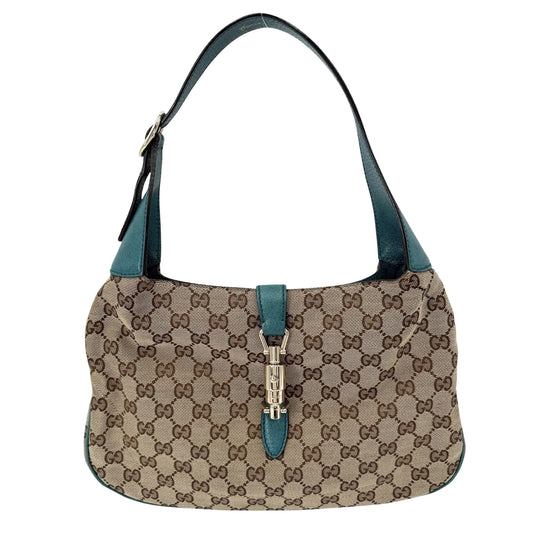 GUCCI グッチ ハンドバッグ ニュージャッキー GG ワンショルダー 137335 キャンバス レザー ベージュ ターコイズブルー ゴールド金具 レディース【中古品】
