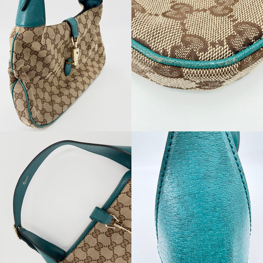 GUCCI グッチ ハンドバッグ ニュージャッキー GG ワンショルダー 137335 キャンバス レザー ベージュ ターコイズブルー ゴールド金具 レディース【中古品】
