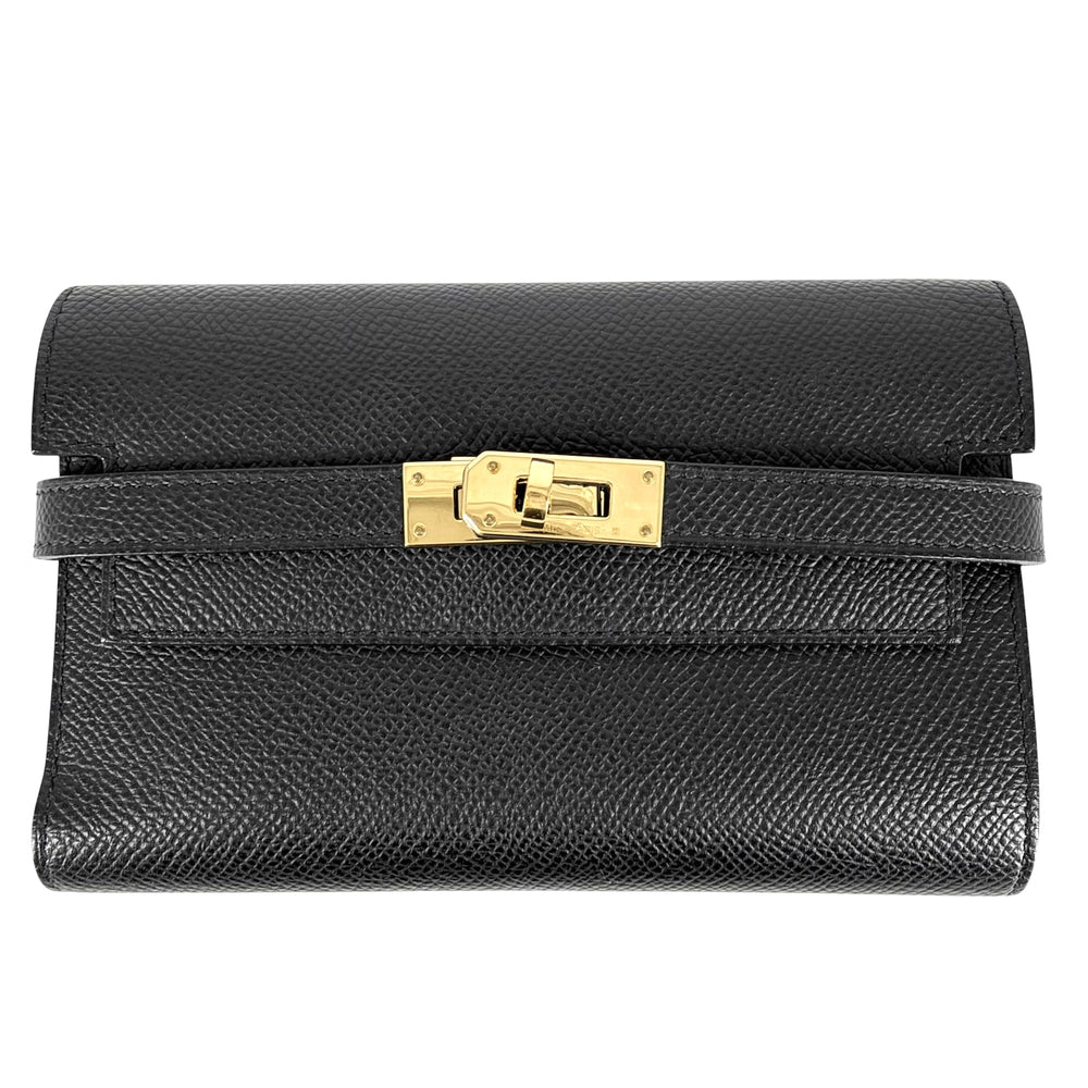 HERMES エルメス 長財布 ケリーウォレットミディアム 折り財布 D刻印 ヴォーエプソン ブラック 黒 ゴールド金具 レディース 2019年【中古品】