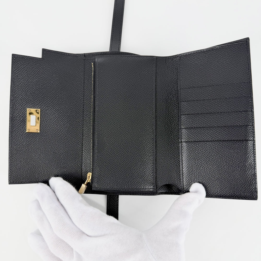 HERMES エルメス 長財布 ケリーウォレットミディアム 折り財布 D刻印 ヴォーエプソン ブラック 黒 ゴールド金具 レディース 2019年【中古品】