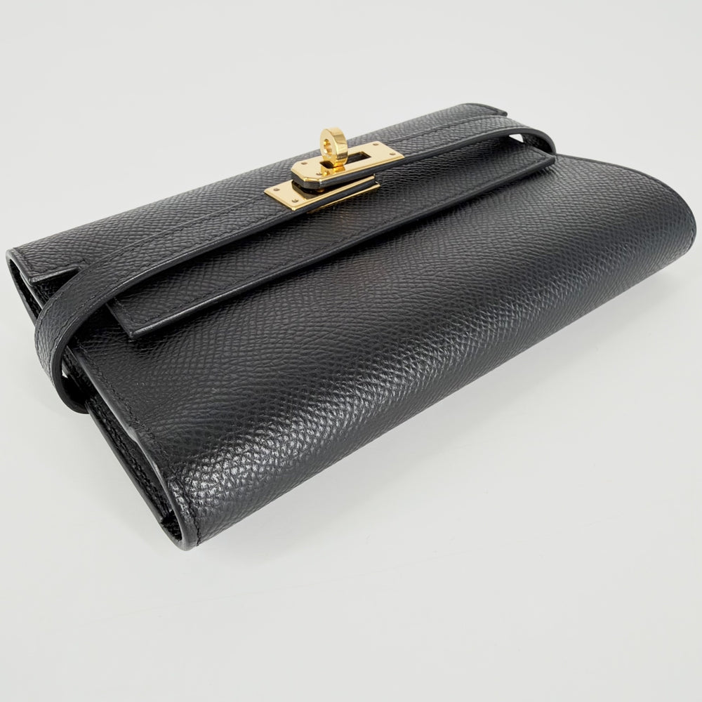 HERMES エルメス 長財布 ケリーウォレットミディアム 折り財布 D刻印 ヴォーエプソン ブラック 黒 ゴールド金具 レディース 2019年【中古品】