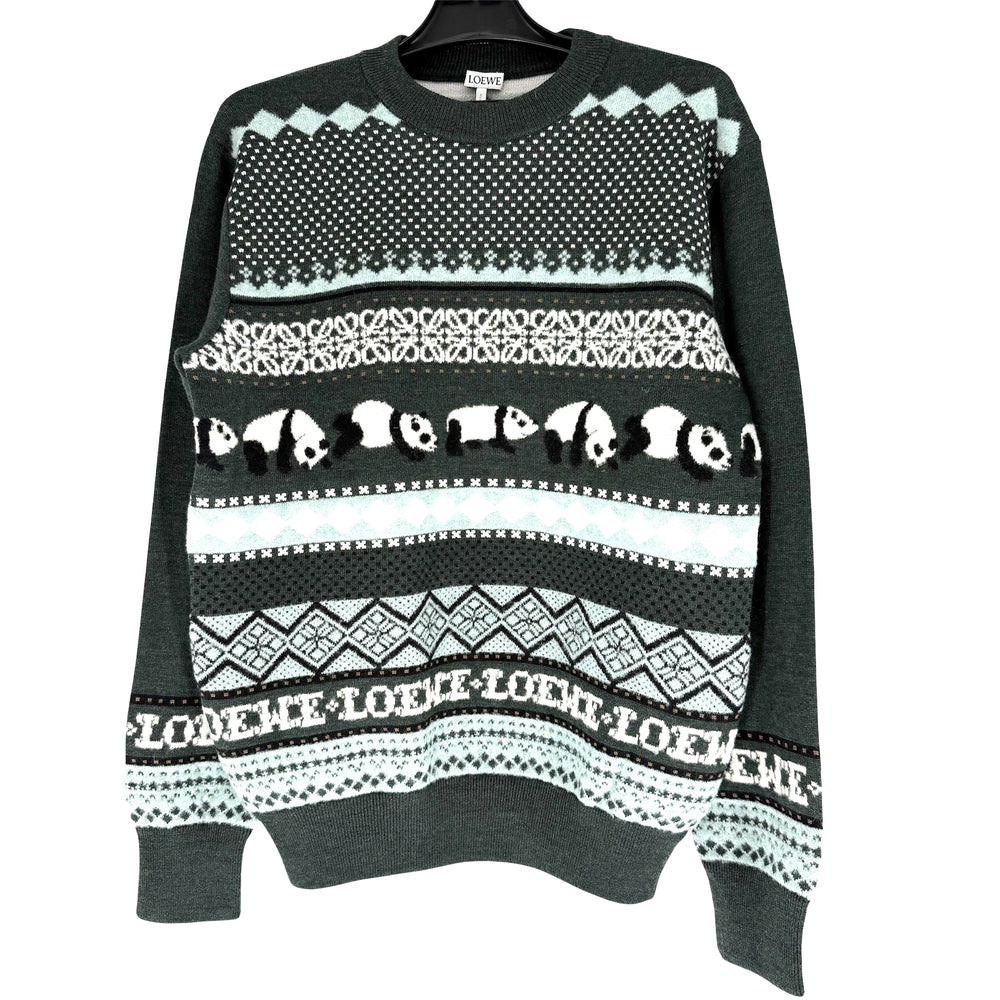 LOEWE ロエベ ニット アナグラム パンダ セーター クルーネック トップス 服 XS グリーン 緑 マルチカラー 秋 冬 ウール ポリアミド ポリウレタン メンズ【中古品】