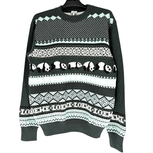 LOEWE ロエベ ニット アナグラム パンダ セーター クルーネック トップス 服 XS グリーン 緑 マルチカラー 秋 冬 ウール ポリアミド ポリウレタン メンズ【中古品】