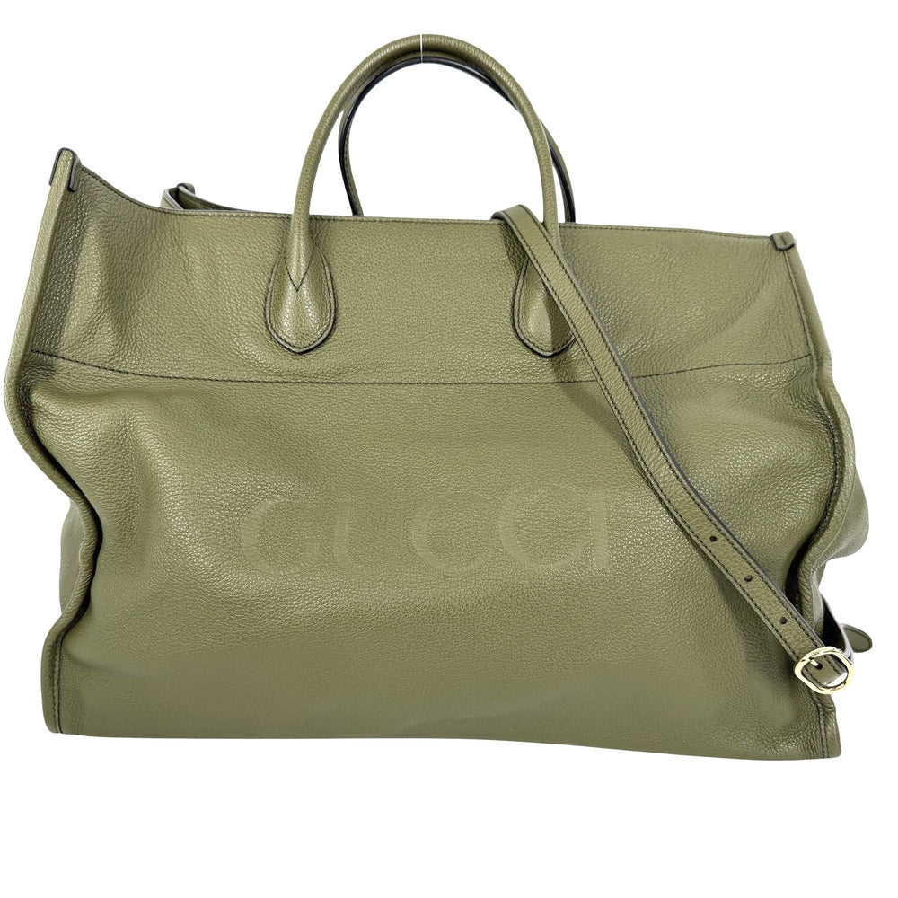 GUCCI グッチ 2WAY ラージ トートバッグ ショルダーバッグ 674837 レザー カーキ ゴールド金具 レディース【中古品】