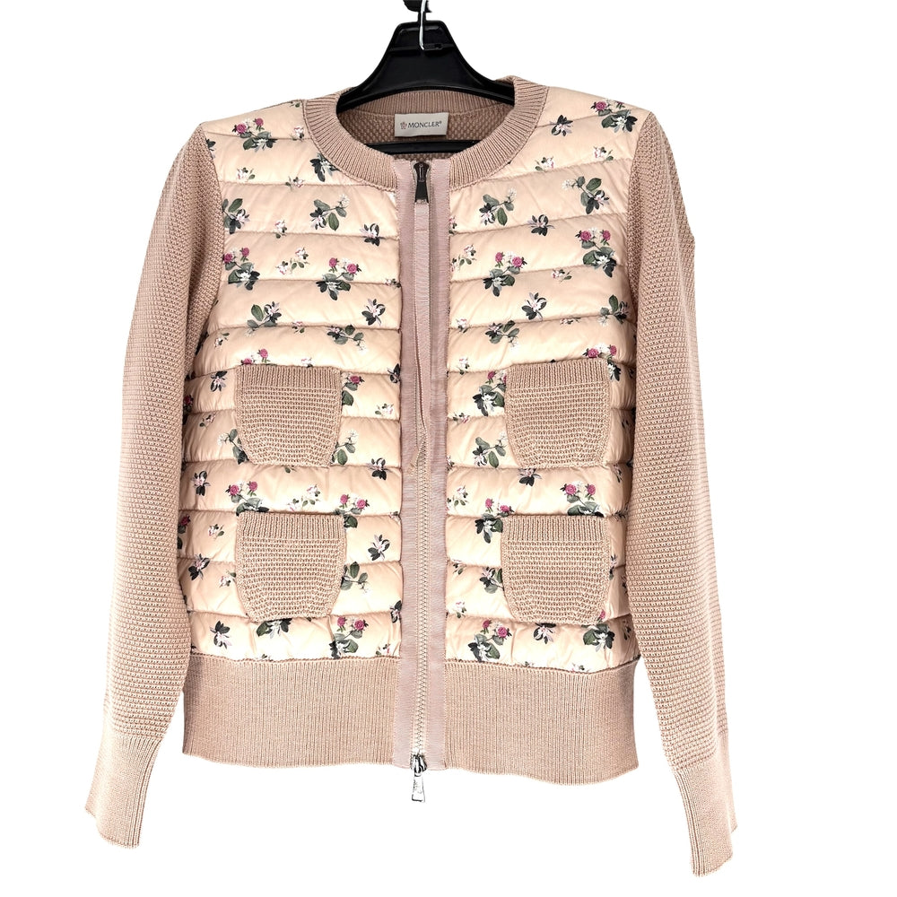 MONCLER モンクレール ダウンジャケット 花柄 MAGLIONE TRICOT アウター ジップアップ ニット S ピンク シルバー金具 秋 冬 ナイロン レディース【中古品】