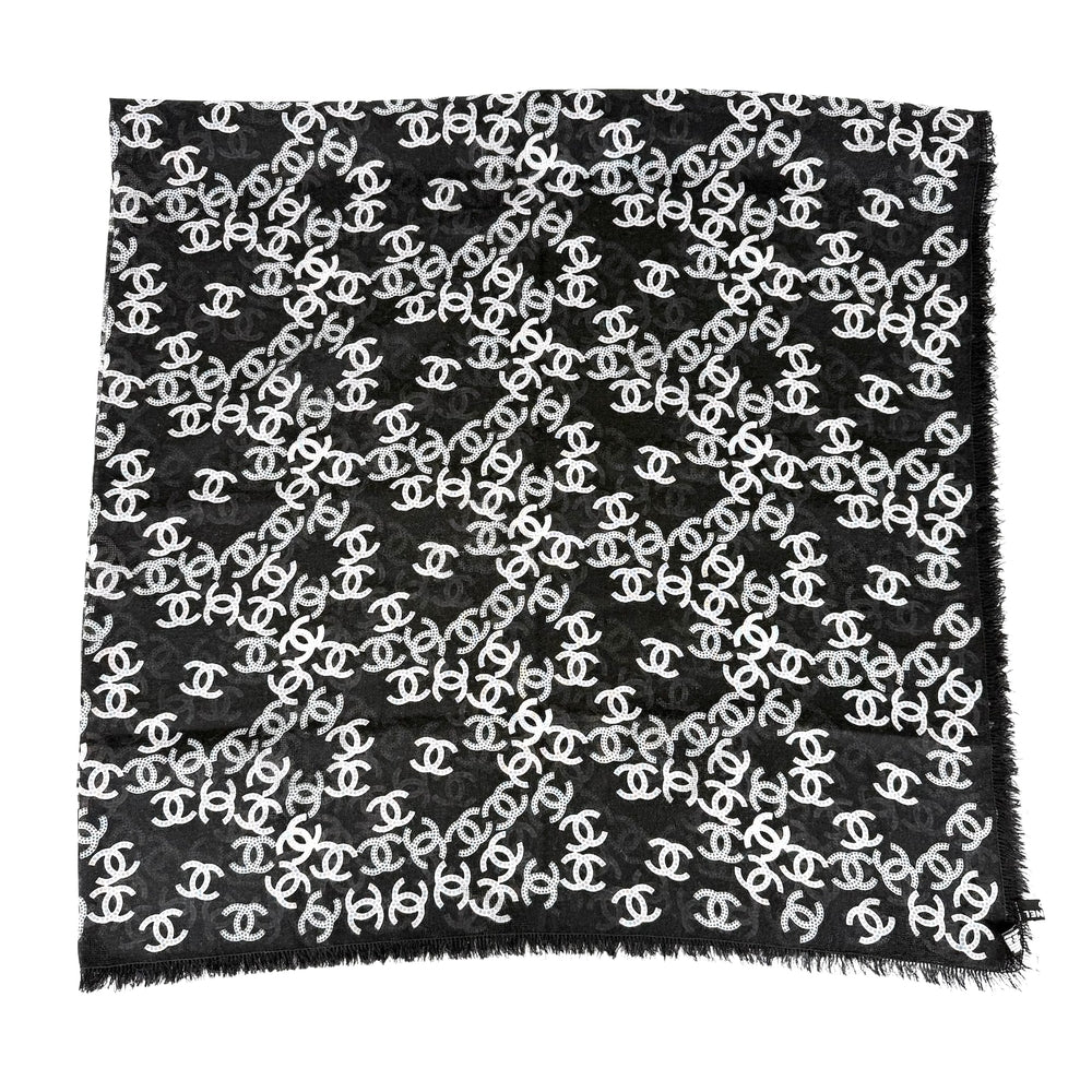 CHANEL シャネル ストール 総柄 ココマーク ファッションアイテム スカーフ カシミヤ シルク ブラック 黒 レディース【中古品】