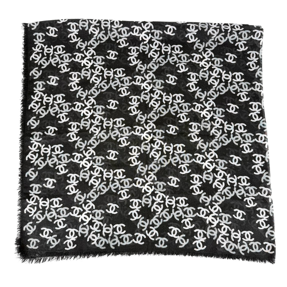 CHANEL シャネル ストール 総柄 ココマーク ファッションアイテム スカーフ カシミヤ シルク ブラック 黒 レディース【中古品】