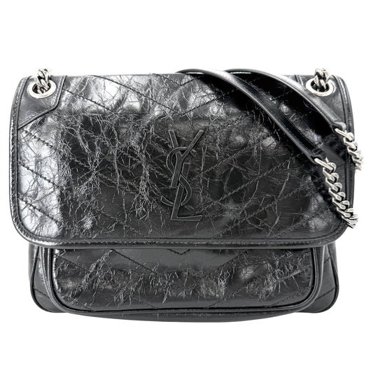 SAINT LAURENT PARIS サンローランパリ ショルダーバッグ ニキ ミディアム YSLロゴ チェーンショルダー ヴィンテージカーフスキン 鞄 かばん 633158 レザー ブラック 黒 シルバー金具 レディース【中古品】