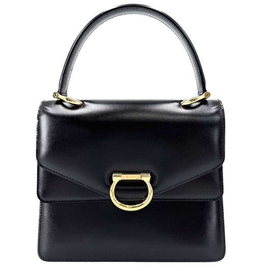 CELINE セリーヌ ハンドバッグ ガンチーニ ダブルフラップ ヴィンテージ かばん 鞄 レザー ブラック 黒 ゴールド金具 レディース【中古品】