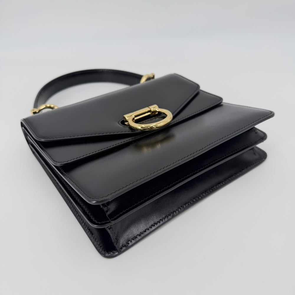 CELINE セリーヌ ハンドバッグ ガンチーニ ダブルフラップ ヴィンテージ かばん 鞄 レザー ブラック 黒 ゴールド金具 レディース【中古品】