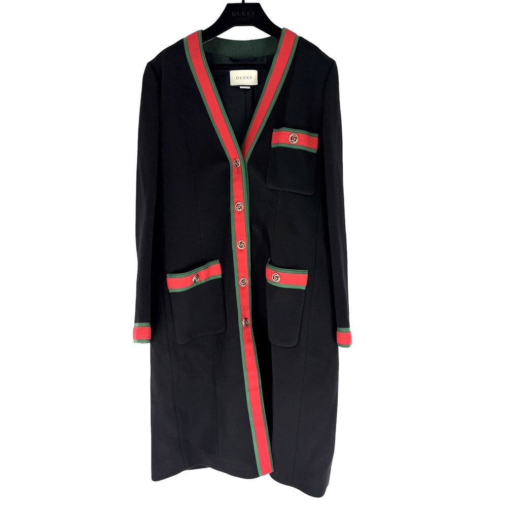 GUCCI グッチ コート ノーカラー ロングコート シェリーライン アウター 上着 服 44 ブラック 黒 ゴールド金具 秋 冬 ウール レディース【中古品】