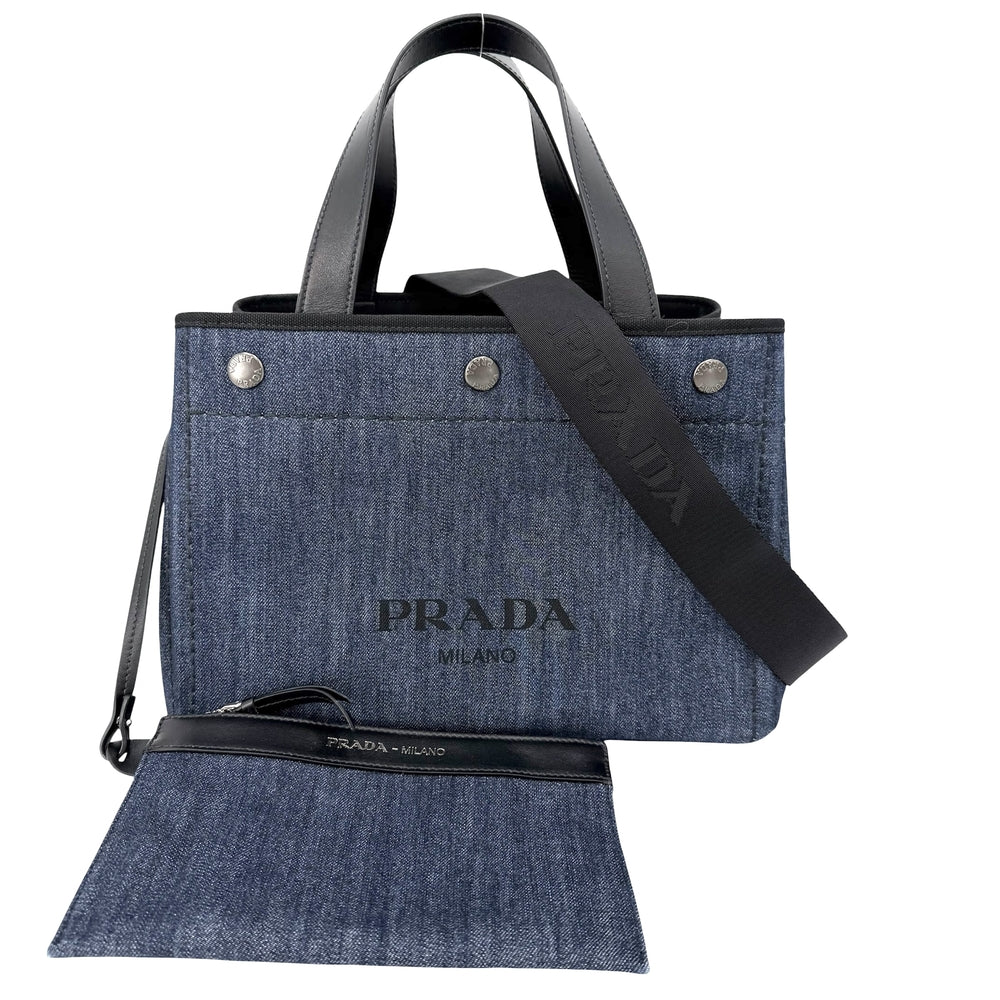 PRADA プラダ トートバッグ カナパ デニム生地 ハンドバッグ 1BG311 コットンデニム レザー ブルー 青 ゴールド金具 レディース【中古品】