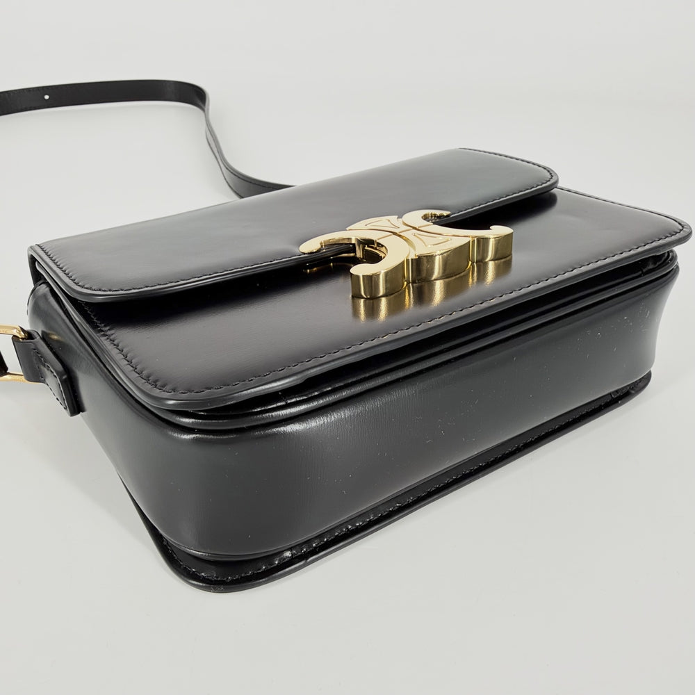 CELINE セリーヌ ショルダーバッグ ティーン トリオンフ レザー ブラック 黒 ゴールド金具 レディース【中古品】
