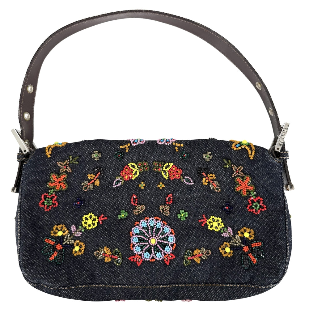 FENDI フェンディ ハンドバッグ マンマバケット ビーズ 刺繍 Mamma Bucket 26424 デニム レザー インディゴ シルバー金具 レディース【中古品】