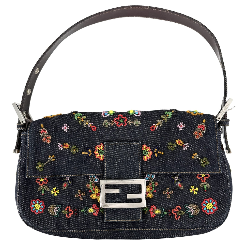FENDI フェンディ ハンドバッグ マンマバケット ビーズ 刺繍 Mamma Bucket 26424 デニム レザー インディゴ シルバー金具 レディース【中古品】