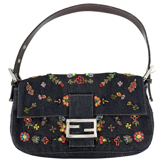 FENDI フェンディ ハンドバッグ マンマバケット ビーズ 刺繍 Mamma Bucket 26424 デニム レザー インディゴ シルバー金具 レディース【中古品】