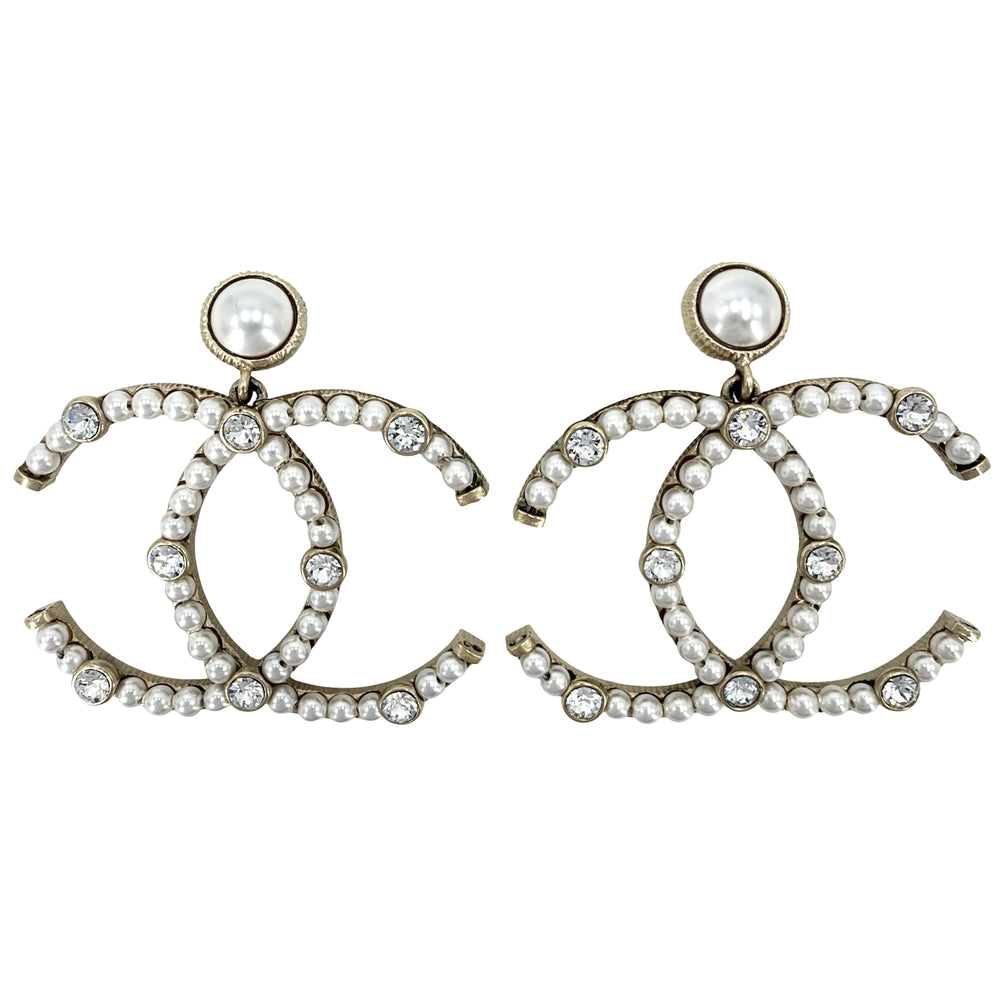 CHANEL シャネル ピアス ココマーク アクセサリー GP フェイクパール ラインストーン F20C ゴールド ホワイト 白 レディース 約20.6g 2020年【中古品】