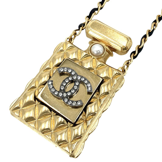 CHANEL シャネル ネックレス 香水モチーフ ココマーク ロングネックレス アクセサリー パフューム GP フェイクパール ラインストーン レザー F21V ゴールド レディース 約51.1g 2021年【中古品】