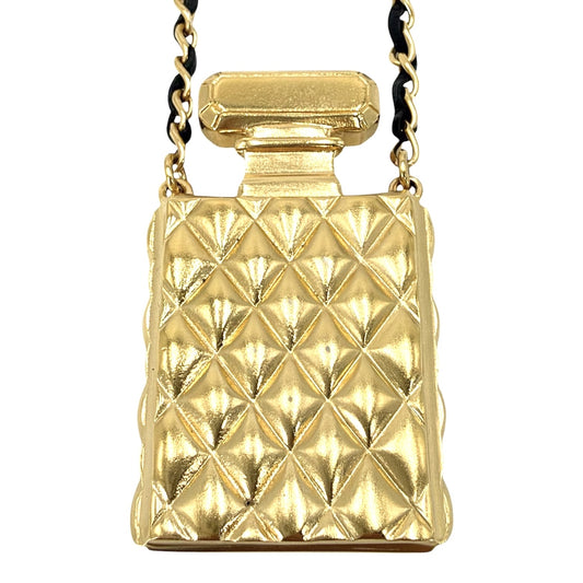 CHANEL シャネル ネックレス 香水モチーフ ココマーク ロングネックレス アクセサリー パフューム GP フェイクパール ラインストーン レザー F21V ゴールド レディース 約51.1g 2021年【中古品】