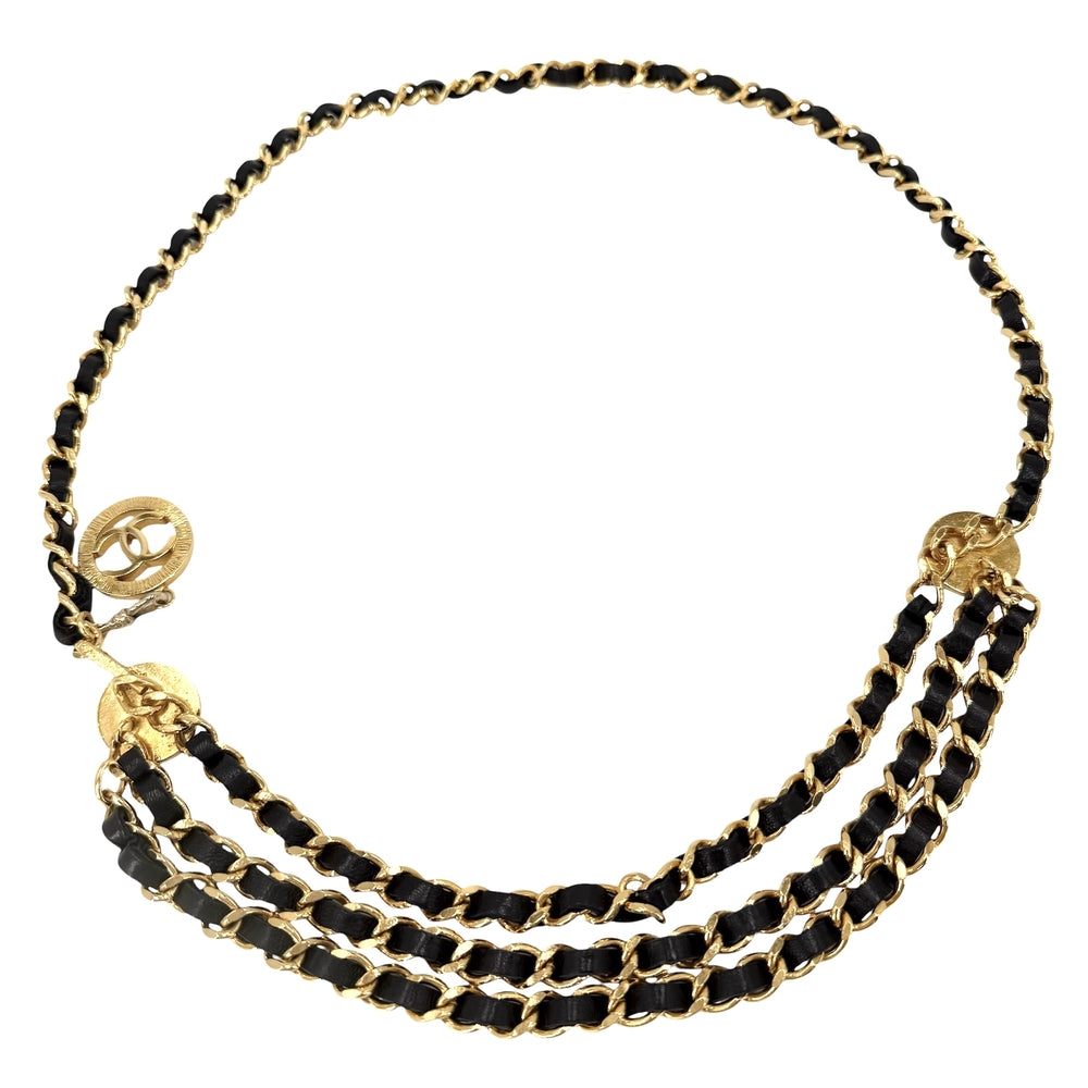 CHANEL シャネル ベルト メダル チェーンベルト ファッションアイテム ココマーク ヴィンテージ GP レザー ブラック 黒 ゴールド金具 レディース 1984年【中古品】