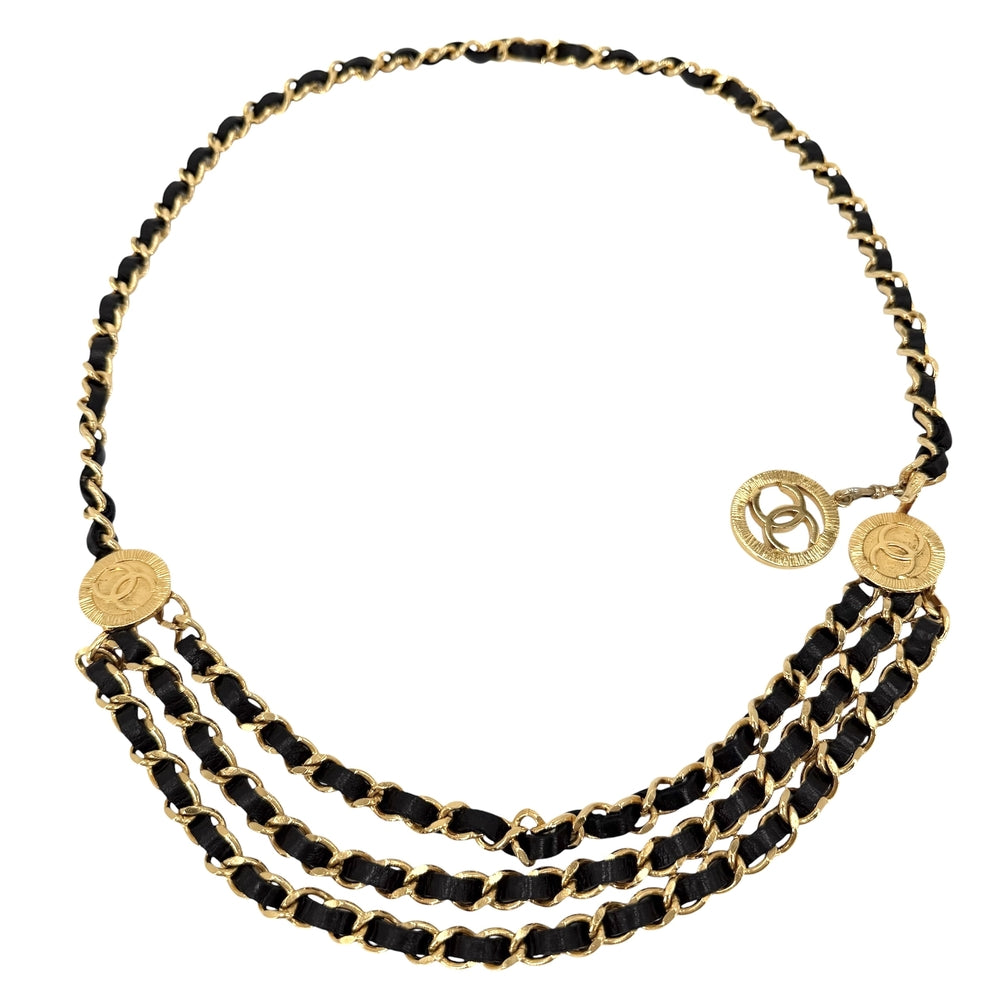CHANEL シャネル ベルト メダル チェーンベルト ファッションアイテム ココマーク ヴィンテージ GP レザー ブラック 黒 ゴールド金具 レディース 1984年【中古品】