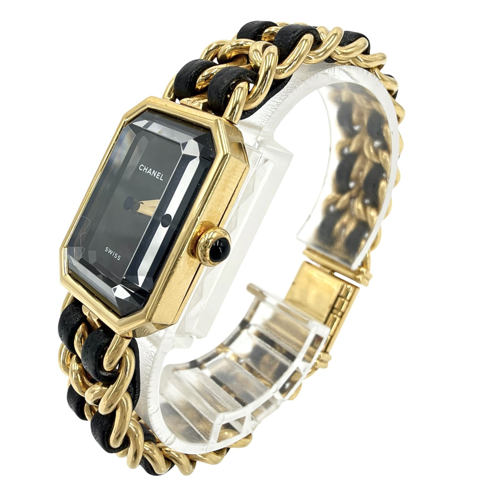 CHANEL シャネル 腕時計 プルミエールL ウォッチ 電池式 黒文字盤 QZ クオーツ GP レザー ゴールド ブラック 黒 レディース【中古品】