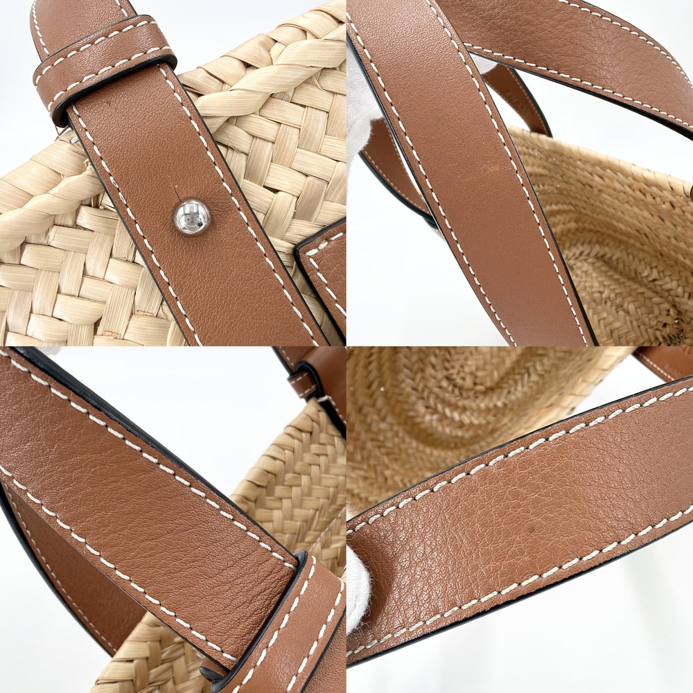 LOEWE ロエベ ハンドバッグ アナグラム バスケットバッグ スモール かごバッグ 春 夏 ラフィア レザー ベージュ ブラウン 茶 シルバー金具 レディース【中古品】