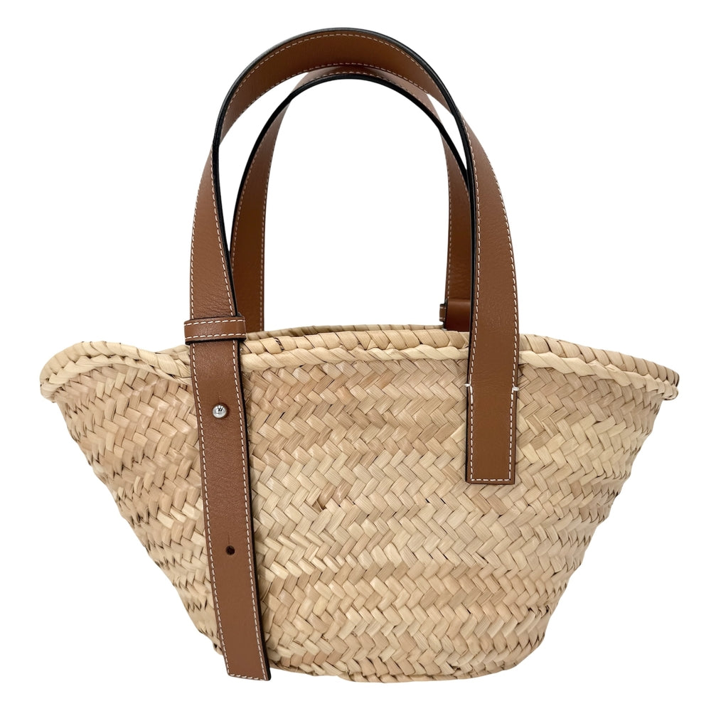LOEWE ロエベ ハンドバッグ アナグラム バスケットバッグ スモール かごバッグ 春 夏 ラフィア レザー ベージュ ブラウン 茶 シルバー金具 レディース【中古品】