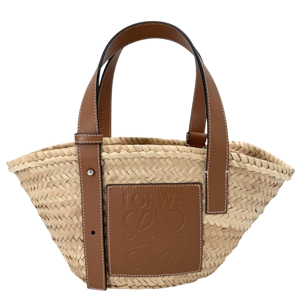 LOEWE ロエベ ハンドバッグ アナグラム バスケットバッグ スモール かごバッグ 春 夏 ラフィア レザー ベージュ ブラウン 茶 シルバー金具 レディース【中古品】