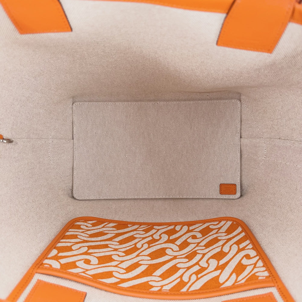 HERMES エルメス トートバッグ スティープル28 ハンドバッグ W刻印 キャンバス レザー オレンジ ベージュ シルバー金具 レディース 2024年【中古品】