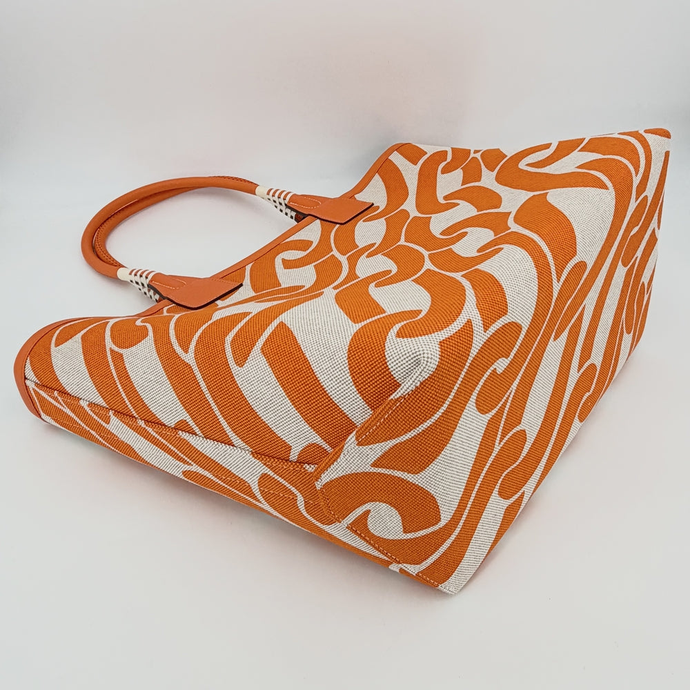 HERMES エルメス トートバッグ スティープル28 ハンドバッグ W刻印 キャンバス レザー オレンジ ベージュ シルバー金具 レディース 2024年【中古品】