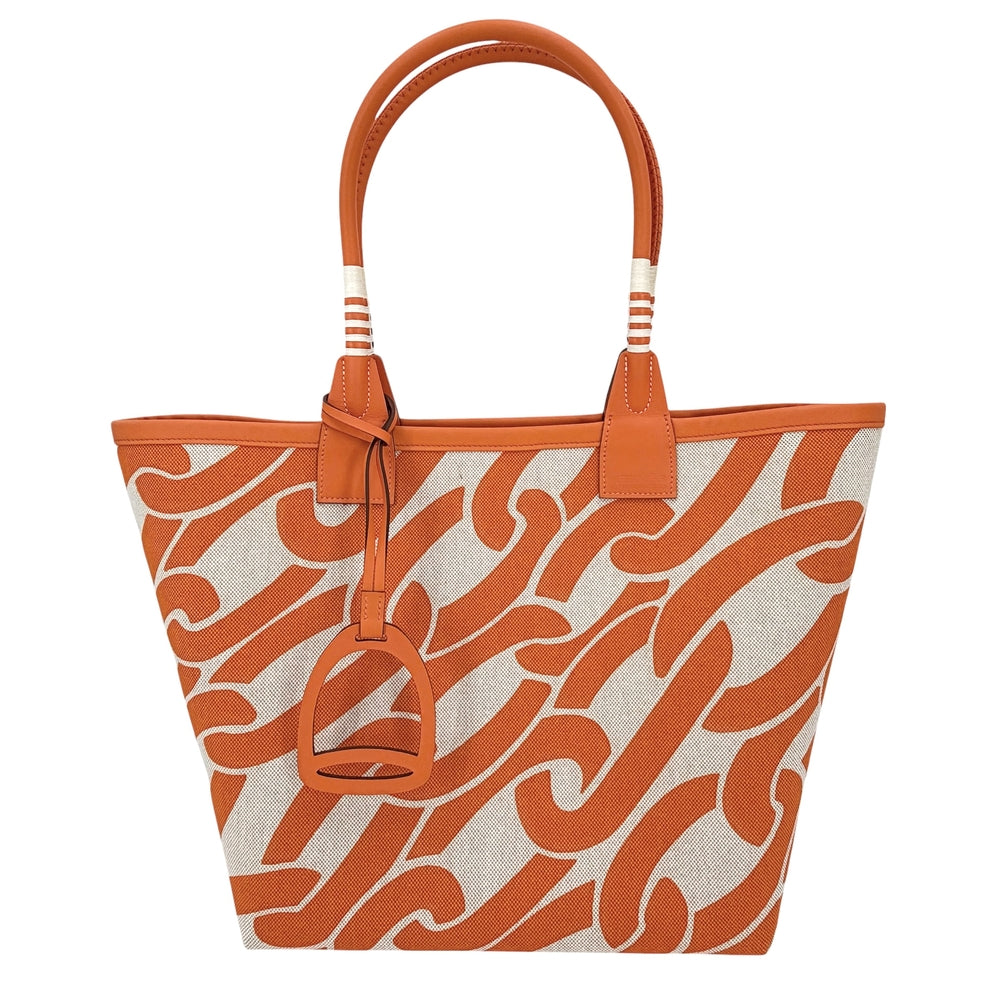 HERMES エルメス トートバッグ スティープル28 ハンドバッグ W刻印 キャンバス レザー オレンジ ベージュ シルバー金具 レディース 2024年【中古品】