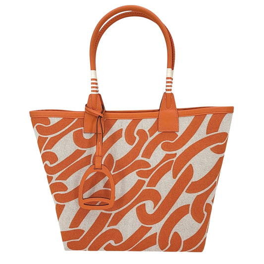 HERMES エルメス トートバッグ スティープル28 ハンドバッグ W刻印 キャンバス レザー オレンジ ベージュ シルバー金具 レディース 2024年【中古品】