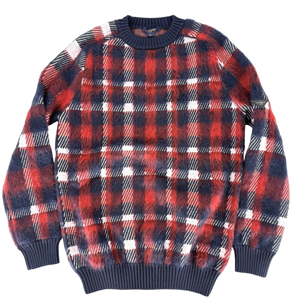 LOUIS VUITTON ルイヴィトン ニット チェック シャギーニット プルオーバー 長袖 アパレル 服 XS レッド 赤 ネイビー 紺 秋 冬 レディース【中古品】