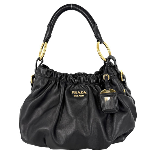 PRADA プラダ トートバッグ ギャザー ハンドバッグ ワンショルダー レザー ブラック 黒 ゴールド金具 レディース【中古品】