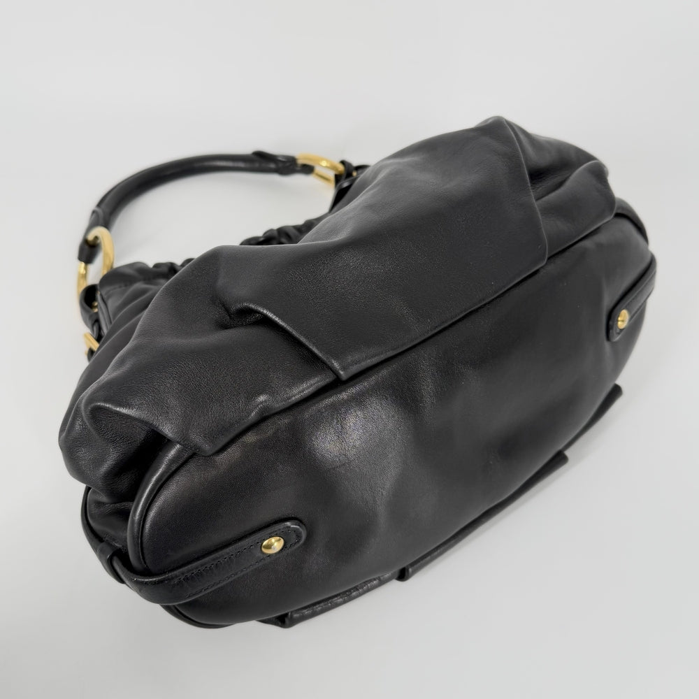 PRADA プラダ トートバッグ ギャザー ハンドバッグ ワンショルダー レザー ブラック 黒 ゴールド金具 レディース【中古品】
