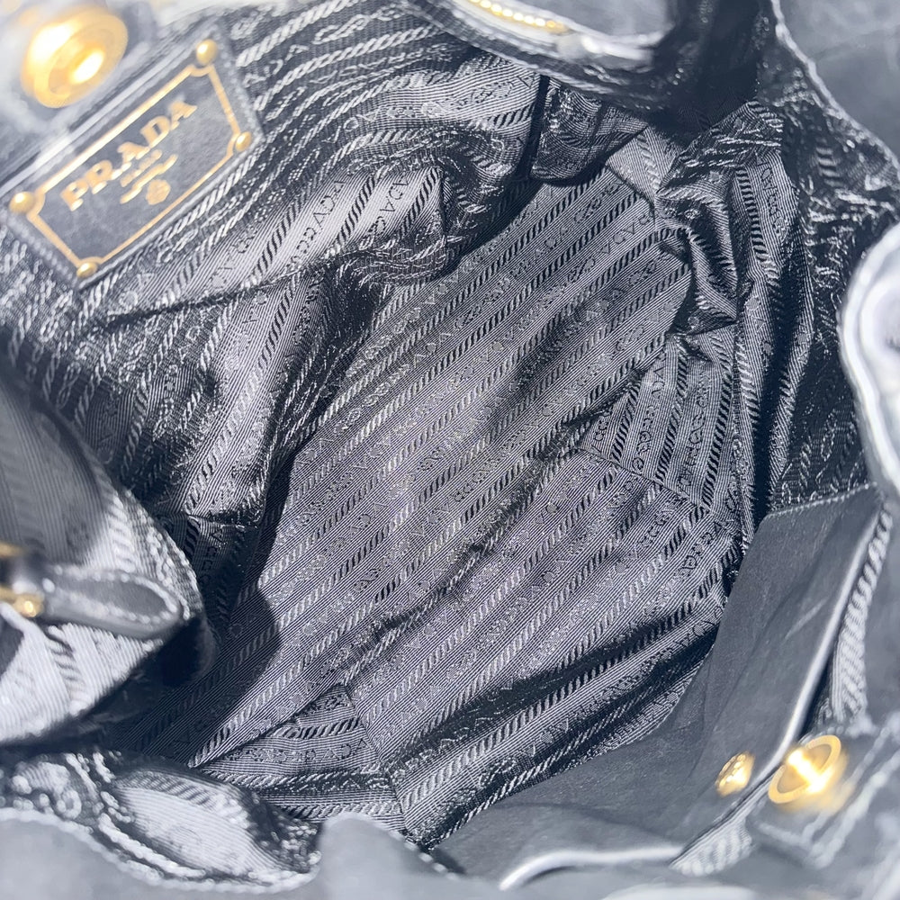 PRADA プラダ トートバッグ ギャザー ハンドバッグ ワンショルダー レザー ブラック 黒 ゴールド金具 レディース【中古品】