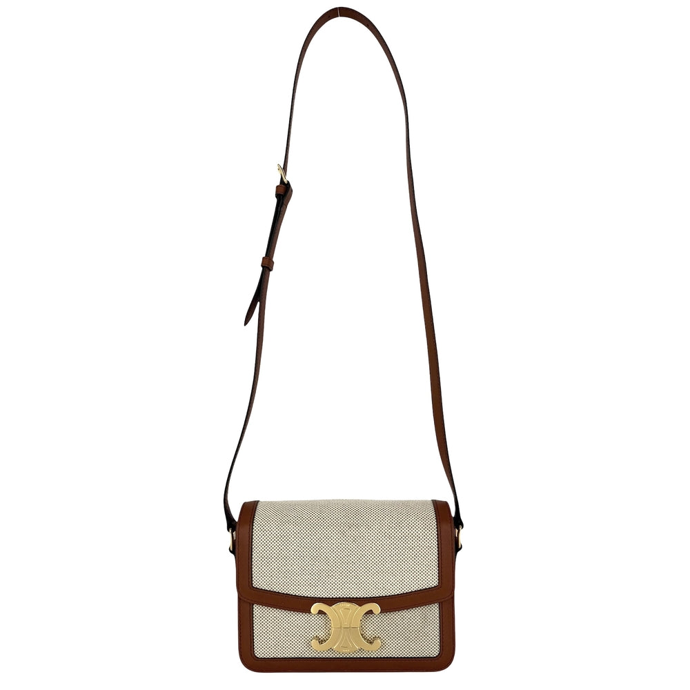 CELINE セリーヌ ショルダーバッグ ティーントリオンフ キャンバス レザー ベージュ ブラウン 茶 ゴールド金具 レディース【中古品】