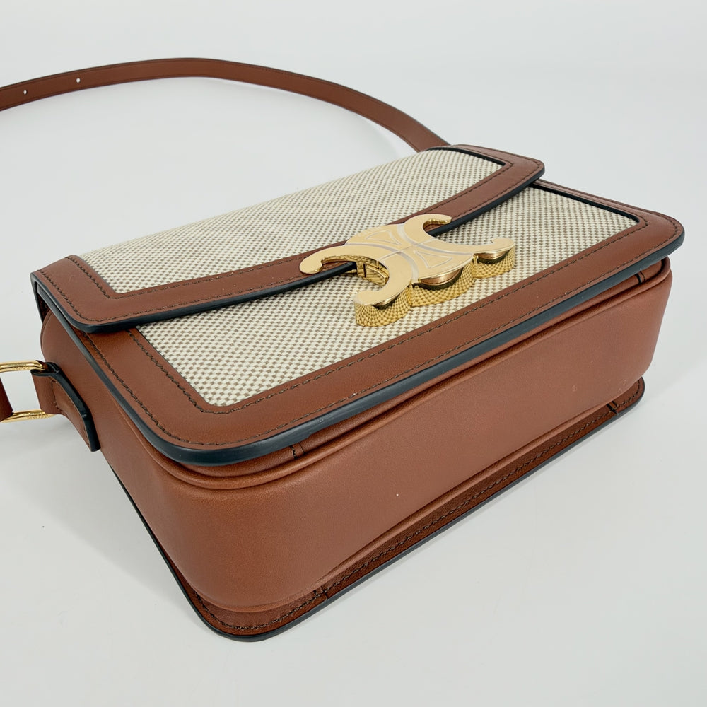 CELINE セリーヌ ショルダーバッグ ティーントリオンフ キャンバス レザー ベージュ ブラウン 茶 ゴールド金具 レディース【中古品】