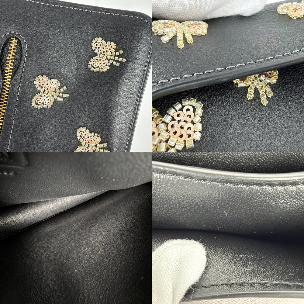 COACH コーチ 2WAY タビ― ショルダーバッグ 26 ハンドバッグ バタフライ 蝶 デインティー ボウ エンベリッシュメント レザー ビーズ スパンコール ブラック 黒 ゴールド金具 レディース【中古品】