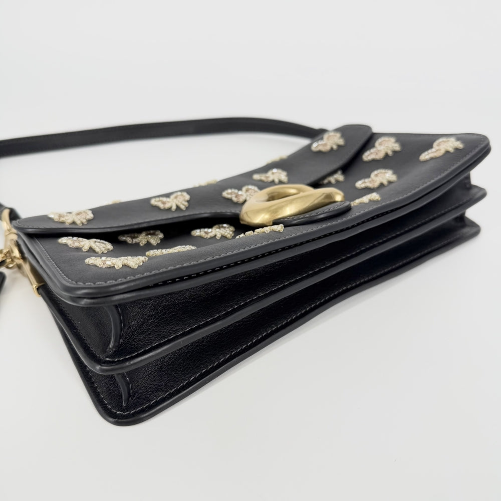 COACH コーチ 2WAY タビ― ショルダーバッグ 26 ハンドバッグ バタフライ 蝶 デインティー ボウ エンベリッシュメント レザー ビーズ スパンコール ブラック 黒 ゴールド金具 レディース【中古品】