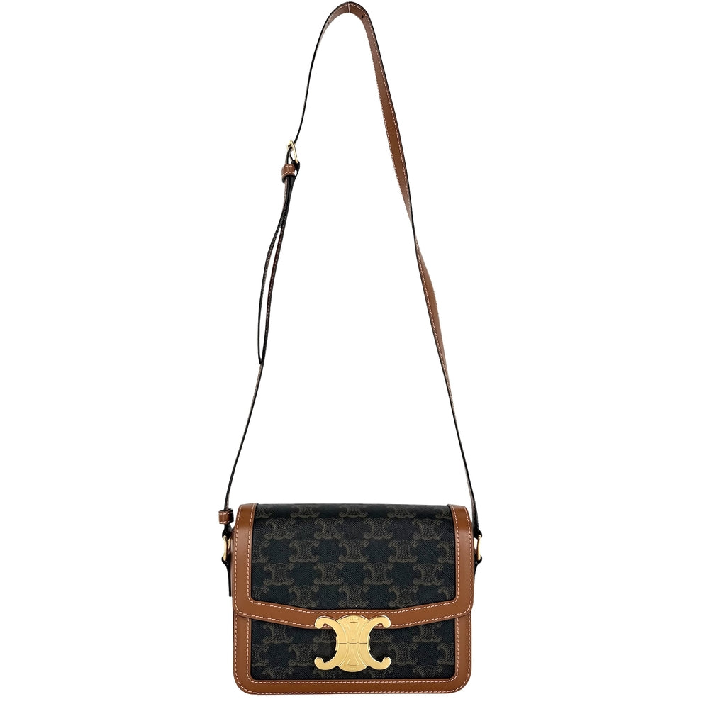 CELINE セリーヌ ショルダーバッグ ティーン トリオンフ PVC レザー ブラウン 茶 ゴールド金具 レディース【中古品】