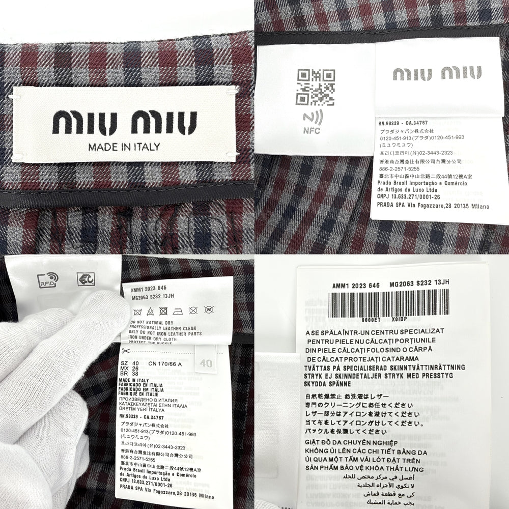 MIUMIU ミュウミュウ スカート ロゴ プリーツ ギンガムチェック ボトムス 服 アパレル 40 ボルドー系 グレー ゴールド金具 秋 冬 ウール レザー レディース【中古品】