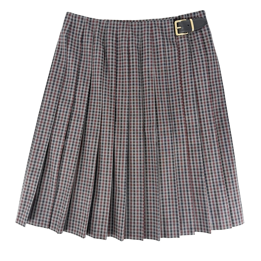 MIUMIU ミュウミュウ スカート ロゴ プリーツ ギンガムチェック ボトムス 服 アパレル 40 ボルドー系 グレー ゴールド金具 秋 冬 ウール レザー レディース【中古品】