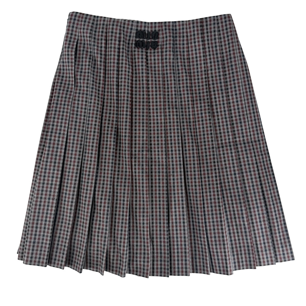 MIUMIU ミュウミュウ スカート ロゴ プリーツ ギンガムチェック ボトムス 服 アパレル 40 ボルドー系 グレー ゴールド金具 秋 冬 ウール レザー レディース【中古品】