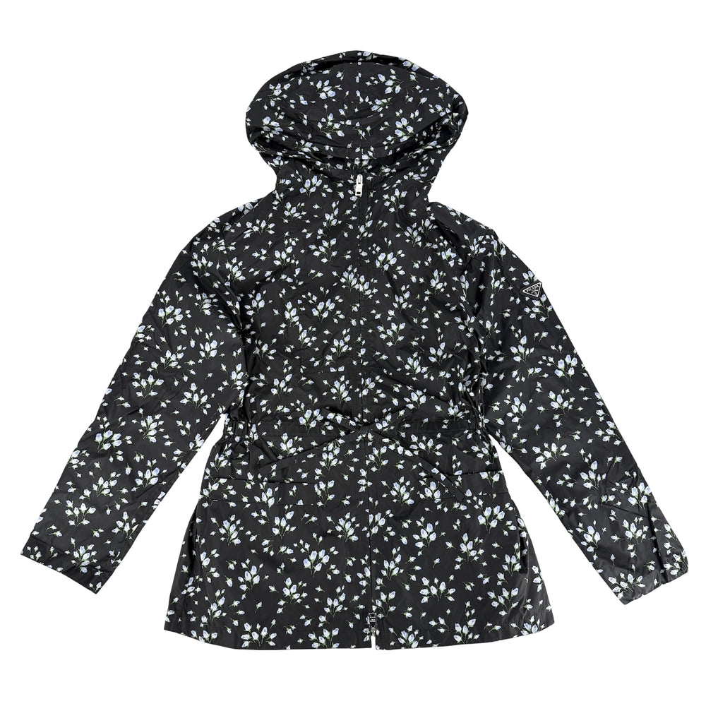 PRADA プラダ ジャケット 花柄 フード付き トライアングルロゴ アパレル 服 40 ブラック 黒 ブルー 青 シルバー金具 春 秋 ナイロン レディース【中古品】