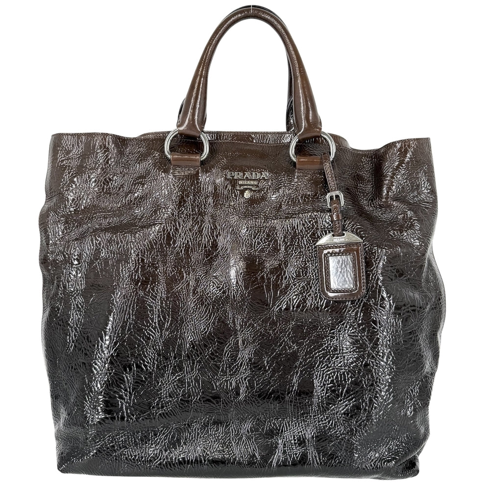 PRADA プラダ トートバッグ グラデーション トライアングルロゴ BN1713 エナメル ブラウン 茶 シルバー金具 レディース【中古品】